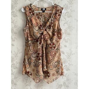 Vtg Y2k Tank Top Sz L to front babydoll asymmetrical Sheer Orange Retro Floral